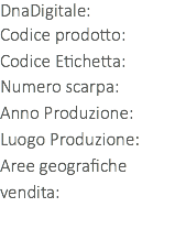 DnaDigitale: Codice prodotto: Codice Etichetta:
Numero scarpa:
Anno Produzione:
Luogo Produzione:
Aree geografiche vendita: