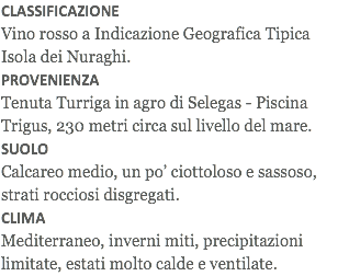 CLASSIFICAZIONE
Vino rosso a Indicazione Geografica Tipica Isola dei Nuraghi.
PROVENIENZA
Tenuta Turriga in agro di Selegas - Piscina Trigus, 230 metri circa sul livello del mare.
SUOLO
Calcareo medio, un po’ ciottoloso e sassoso, strati rocciosi disgregati.
CLIMA
Mediterraneo, inverni miti, precipitazioni limitate, estati molto calde e ventilate.