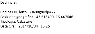 Dati inviati: Codice UID letto: 30498g8edjr422
Posizione geografica: 43.518490, 16.447646
Tipologia: Calzature
Data Ora: 2014/10/04 15.25
